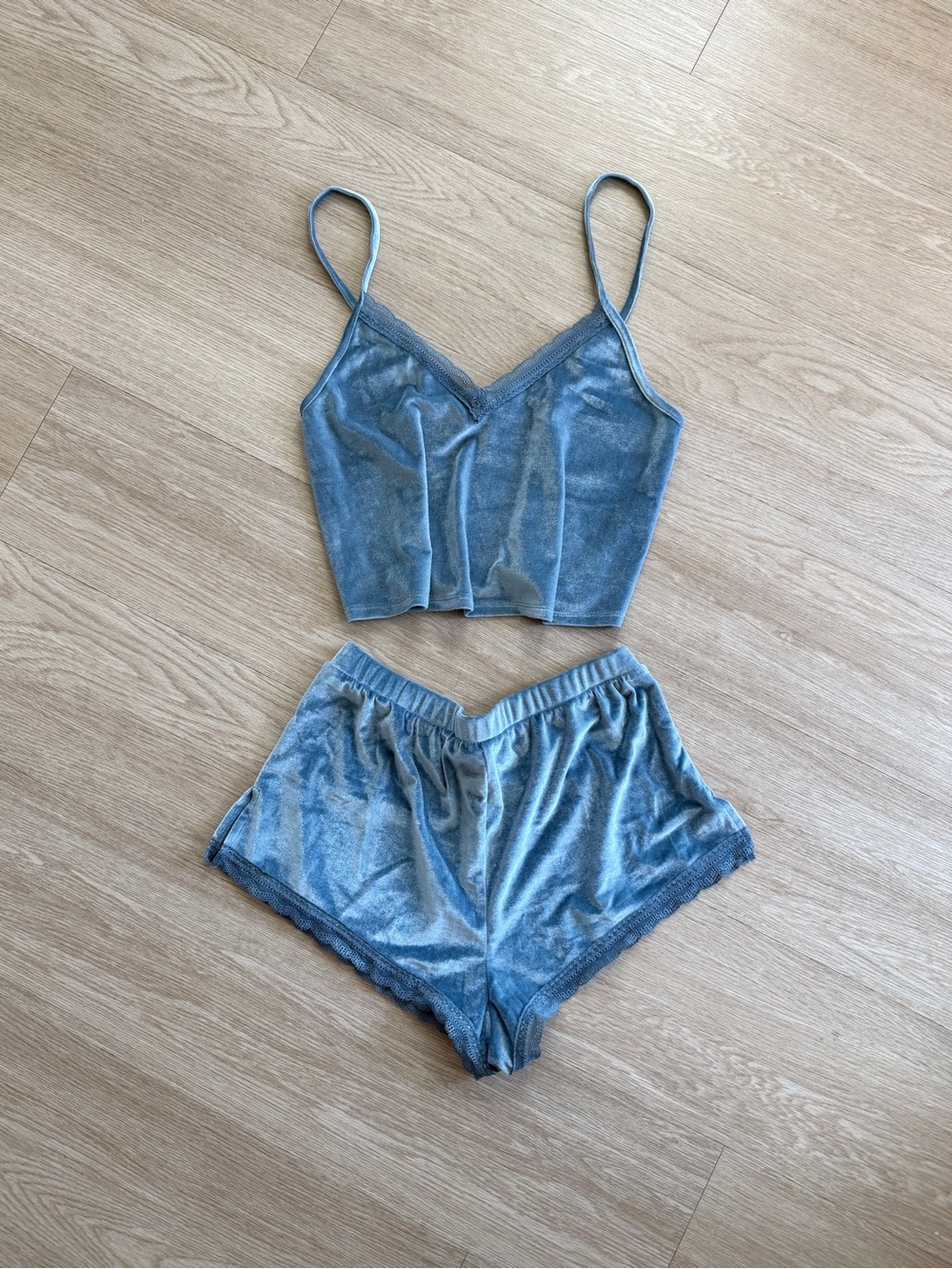 Forever 21 Dusty Blue Velvet Velour Cami Top Shorts Lingerie Pajama Set Small